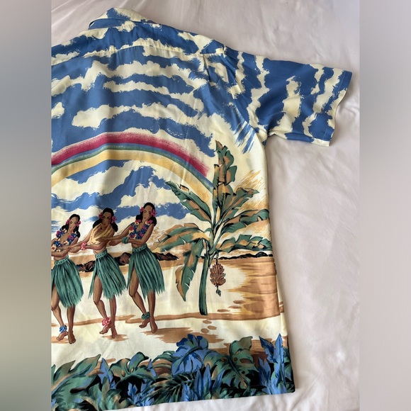 Vtg NWT Palm Bay Hawaiian Rainbow Hula Girls Aloha Rayon Shirt Size XXL Sky SS - Picture 11 of 12
